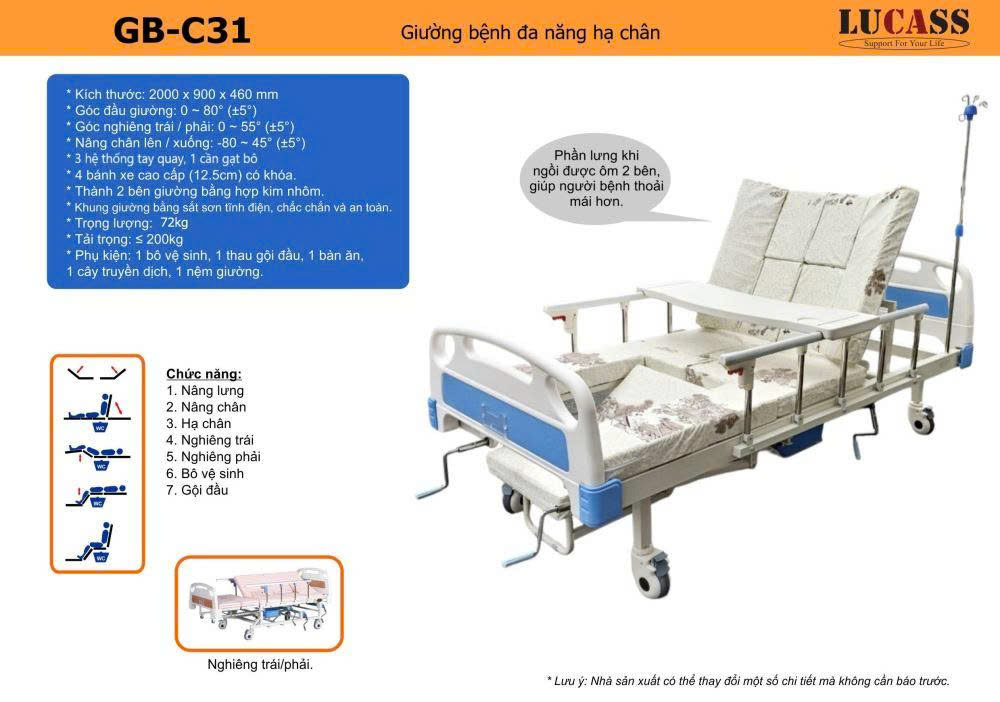 Giường y tế 3 tay quay đa chức năng Lucass GB-C31
